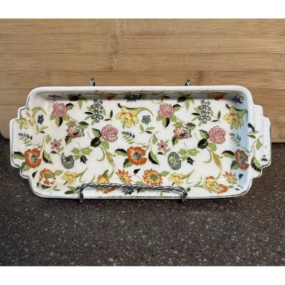 Vintage Japan Chintzware Rectangular Tray Floral Porcelain Trinket Vanity ‎ Dish